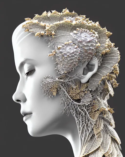 Prompt: close - up profile face, complex 3 d render of a beautiful porcelain vegetal dragon cyborg young female, 1 5 0 mm, beautiful natural soft rim light, silver gold details, magnolia leaves and stems, roots, fine lace, mandelbot fractal, elegant, ultra detailed, white metallic armour, octane render, black and white, h. r. giger style