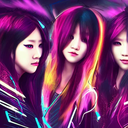 Prompt: cyberpunk k-pop girl group, digital art, 4k