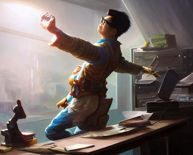 Image similar to an insanely detailed painting of a nerdy asian man wearing a superhero costume, sitting at a desk, staring at the nervously at the computer and typing, in the style of peter mohrbacher, dramatic lighting and composition, surreal background, octane render, pixar, trending on artstation, concept art, comic book, view from behind