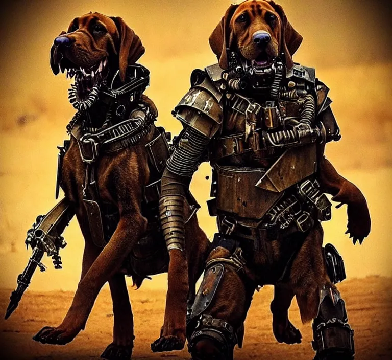 Image similar to a good ol'bloodhound pup fursona ( from the furry fandom ), heavily armed and armored facing down armageddon in a dark and gritty version from the makers of mad max : fury road. witness me.