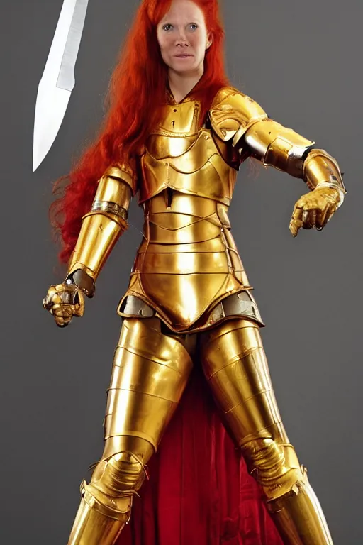 Image similar to a tall, red - haired female knight wearing golden armor and a right golden prosthetic arm, she wields a long golden blade