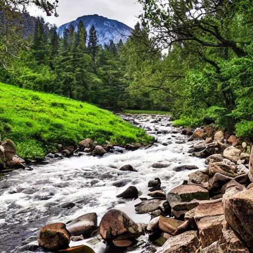 Prompt: a beautiful landscape, river, rocks, trees, cinematic, masterpiece