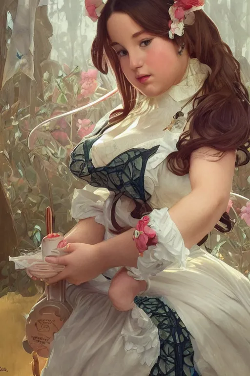 Prompt: obese cottagecore Ariana Grande , food addiction and fat rolls, inside a mc donalds, intricate, elegant, highly detailed, digital painting, artstation, concept art, smooth, sharp, focus, illustration, art by artgerm and greg rutkowski and alphonse mucha