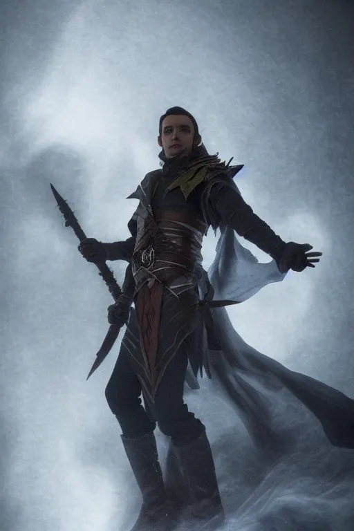 Image similar to Liam O'Brien as Vax'ildan from Vox Machina, Half-elf Rogue, realistic cinematic shot, swirling nature magic, subtle fog and mood lighting