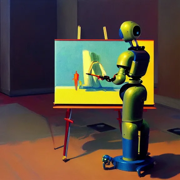 Image similar to beautiful illustration of a robot painting an artwork on a canvas with a paintbrush by Edward Hopper, colorful octane render