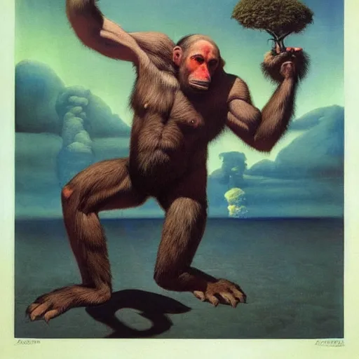 Prompt: a powerful psychic joe rogan ape emitting psychic powers, by gerald brom, nazi propaganda