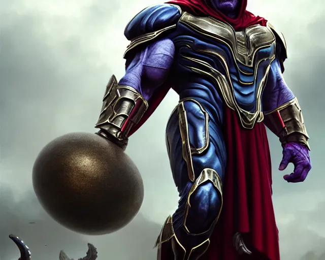 Prompt: ultrarealistic massive giant thanos iron knight with red cape fighting, giant metal helm bladed iron mantle black etched iron armor, bodybuilder body, bone wastes, fantasy character portrait, octane render, extreme intricate details, cinematic lighting, volumetric lighting, artstation, dnd art, cgsociety, sharp focus, digital painting by artgerm, gerald brom, wlop