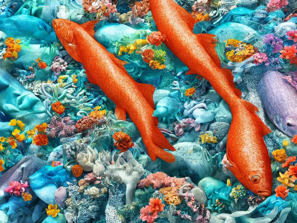 Prompt: a sculpture of fish ocean intertwined, a lovely cornucopia of flowers and human body parts, body parts, highly detailed, octane render, cinematic, shock, sharp focus, an independent sharp, clean, studio lighting