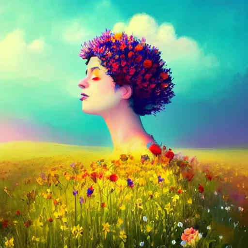 Image similar to girl with a blooming flower head, surreal photography, dream, standing in flower field, magical, in a valley, sunrise dramatic light, impressionist painting, colorful clouds, artstation, simon stalenhag, flower face