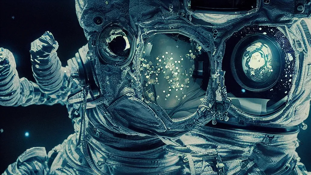 Image similar to a astronaut eva suit covered in diamond 3d fractal lace iridescent bubble 3d skin and covered with insectoid compound eye camera lenses floats through the living room, film still from the movie directed by Denis Villeneuve with art direction by Salvador Dalí, wide lens,