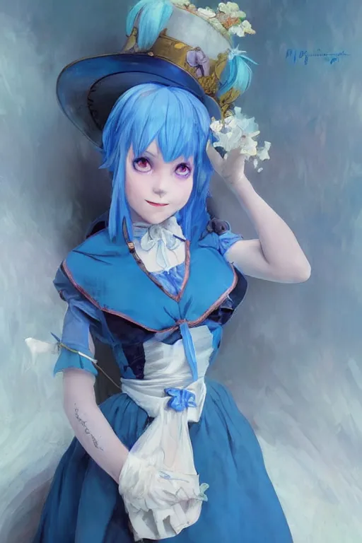 Image similar to pretty girl with blue hair, rem rezero dressed as alice in wonderland, digital painting, 8 k, concept art, art by wlop, artgerm, greg rutkowski and alphonse mucha