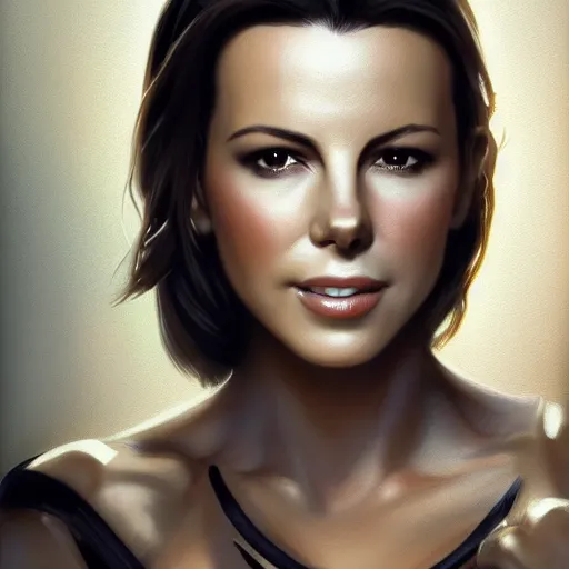 Image similar to closeup portrait of a kate beckinsale as a software engineer, seductive smile, soldier, army chiaroscuro, computer geek, golden hour, dramatic lighting, complementary contrast, high detail, painted by greg rutkowski, painted by igor kieryluk, trending on artstation
