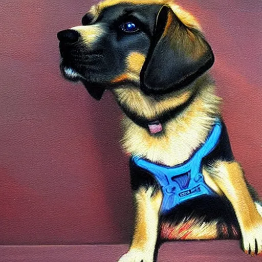 Image similar to a puppy with UV neon fur holding a gun.Painting by James Gurney