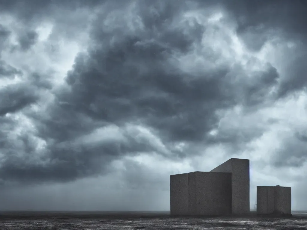 Image similar to photo of a brutalist building in the middle of a storm. realistic clouds that resemble levitating large rocks. impressive, magical, very atmospheric, fog, cinematic, deep, very high complexity, stunning, dramatic masterpiece, iridescent, chiaroscuro, romantism, very detailed. 4 k