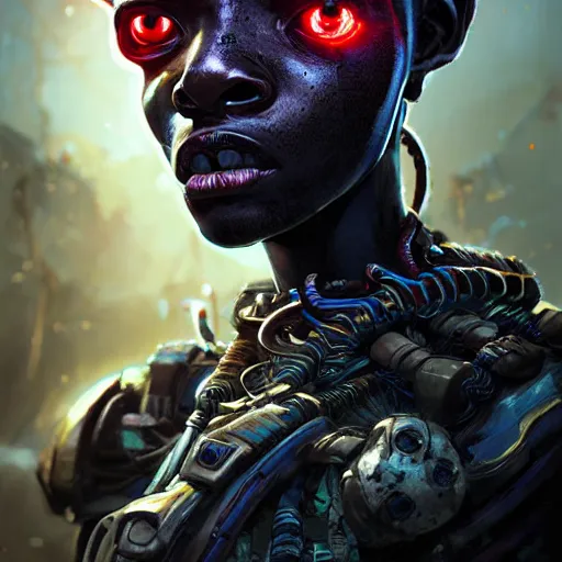 Image similar to a dark and ominous cyborg african child soldier with glowing eyes and facial scarification marks, Apex Legends character digital illustration portrait design, by android jones and greg rutkowski in a cyberpunk voodoo style, retrowave color scheme, detailed, cinematic lighting, wide angle action dynamic portrait