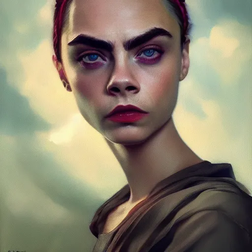 Image similar to cara delevingne, full body portrait colorful oil painting by vermeer, android jones, yuumei, yanjun cheng, unreal 5, daz, hyperrealistic, octane render, rpg portrait, dynamic lighting, fantasy art, beautiful face