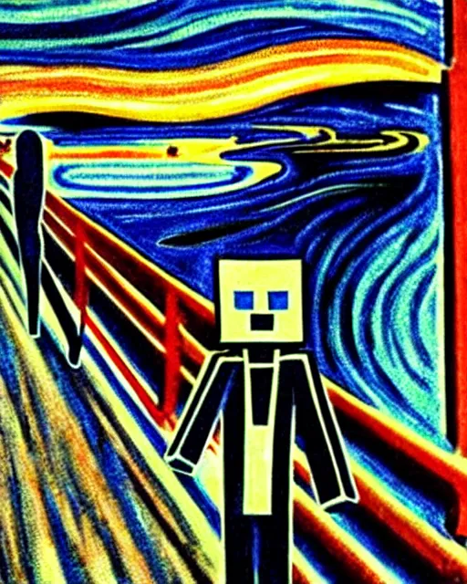 Prompt: minecraft enderman as the subject in the scream by edvard munch