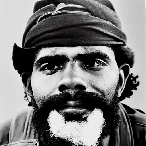 Image similar to Portrait of Kyrie Irving, Kyrie Irving as Che Guevara, Guerilla Heroico, Black and White, Photograph by Alberto Korda, inspiring, dignifying, national archives