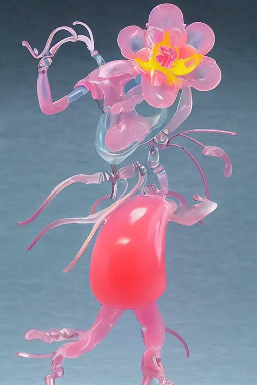 Image similar to a fat jelly super detailed anime figurine with fluo color detail, and muted arm colors, that looks like a insect, on top of a painting of plastic synthetic ionized metal flower sculptures