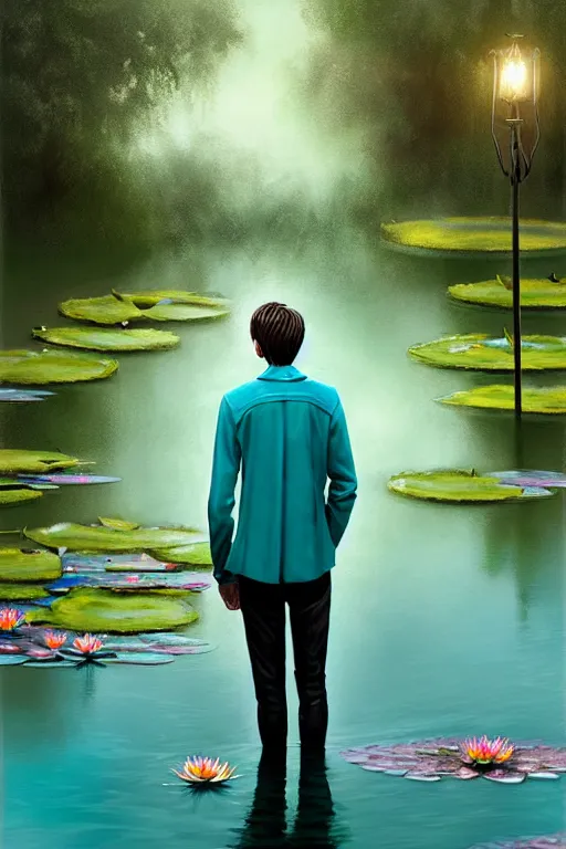 Image similar to light teal portrait of a tall, young adult man in his 20s in the rain on pond with waterlilies, fantasy, intricate, elegant, dramatic lighting, emotionally evoking symbolic metaphor, highly detailed, lifelike, photorealistic, digital painting, artstation, concept art, smooth, sharp focus, illustration, art by John Collier and Albert Aublet and Krenz Cushart and Artem Demura and Alphonse Mucha