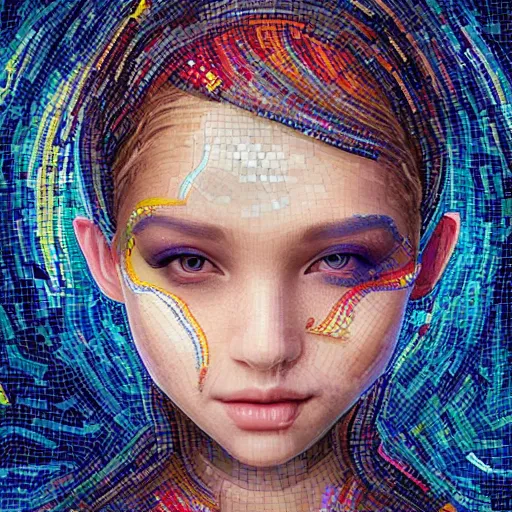 Image similar to mosaic portrait of a beautiful young girl with robot ears falling into the universe by Ross Tran, 4k, intricate details