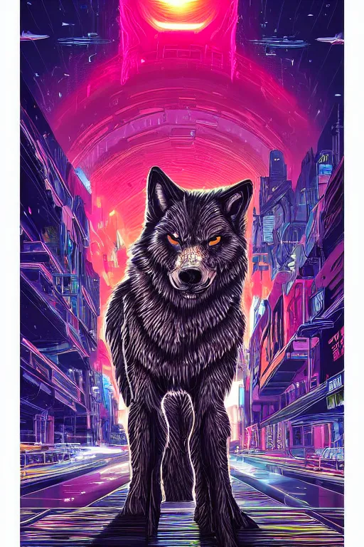 Prompt: a portrait of a wolf with thunders in the sky in a future cybernetic city, outrun style and colours, trending on arstation, by dan mumford, by ross tran