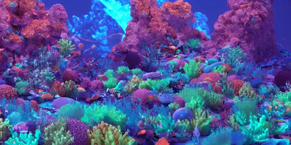 Prompt: majestic neon glowing coral reef by fabian jimenez and Jonathan solter, hyper realism, octane render