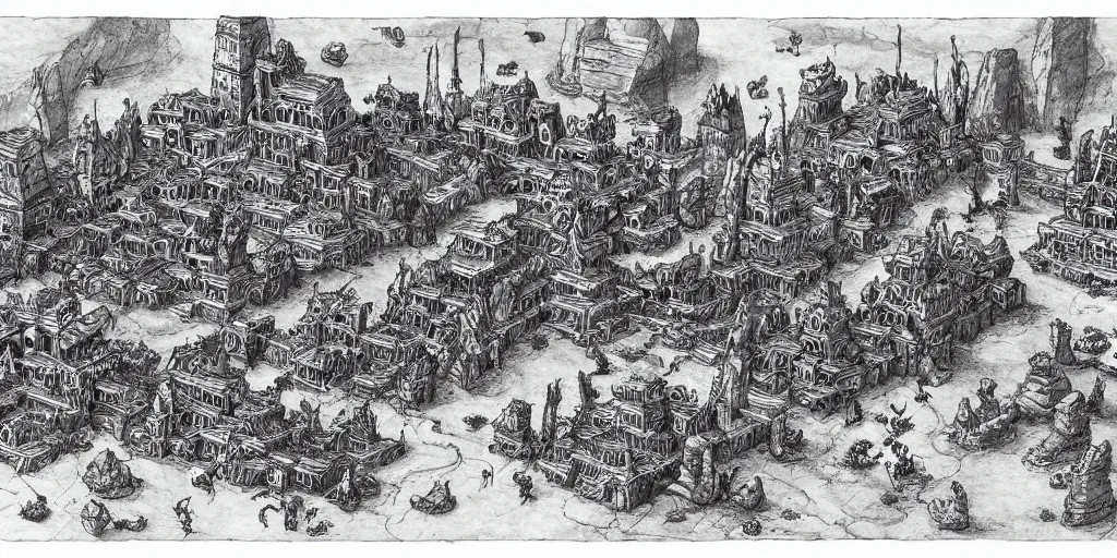 Image similar to anthromorphic humanoid ants building a city. epic game landscape shot. Beautifully detailed pen and ink drawing on parchment, D&D art by Michelangelo