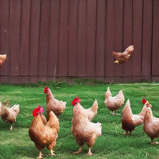 Prompt: chickens fly in the sky