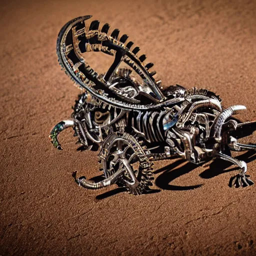 Prompt: intricate mechanical clockwork scorpion in the desert