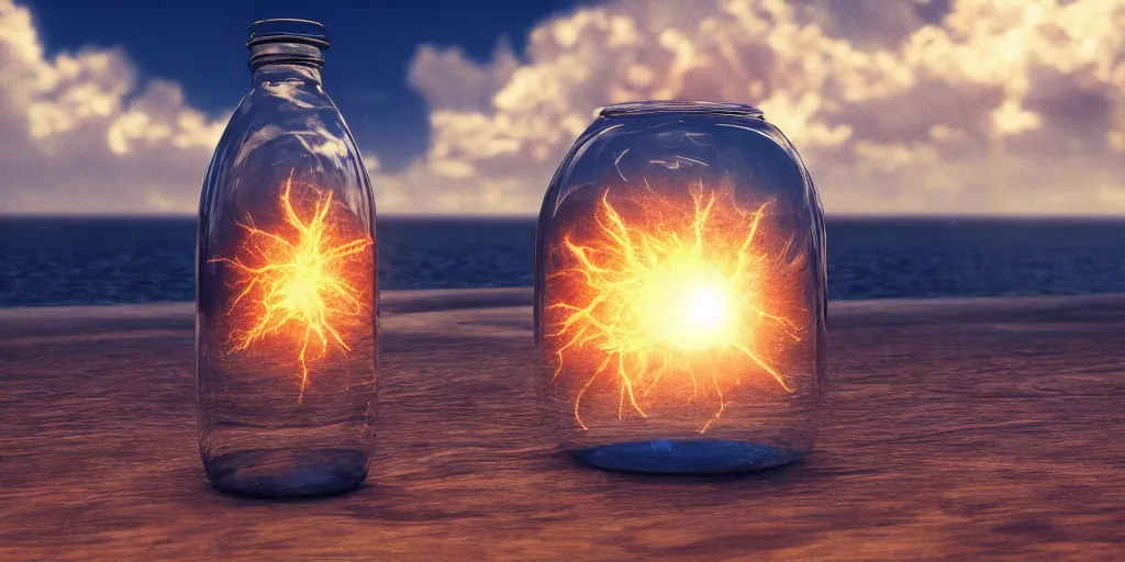 Image similar to a supernova inside a water bottle on a wooden table, hyperrealistic, concept art, octane render, unreal engine 5, trending on artstation, high quality, highly detailed, 8 k hdr, soft lighting, path traced, a beach at sunset in the background, bloom, high coherence, symmetrical, high contrast, digital art, serene landscape, cinematic