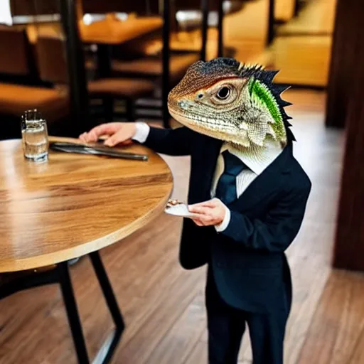 Prompt: a life sized bearded dragon standing up, wearing a suit and tie in a restaurant, asking you what you want to order for food