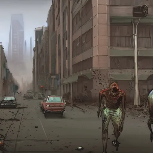 Prompt: a streetview of a post-apocalyptic city, infested with zombies, cinematic