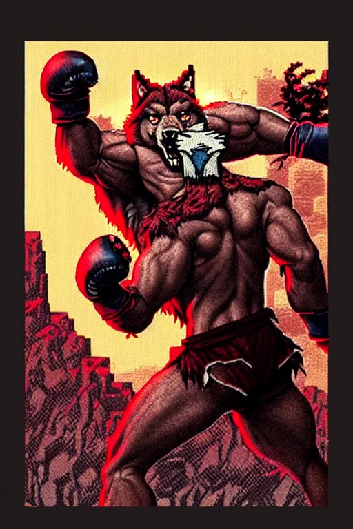 Image similar to extreme long shot. 8 bit nes graphics. antropomorphic muscular masculine wolf. kickboxer fighter, in shorts. wolf head. angry. fine details, very sharp, art from nes game cartridge, 8 0's, vhs artefacts, vaporwave style, marc simonetti and hermann nitsch and anish kapoor.