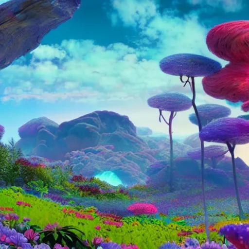 Image similar to Shots of an unreleased spiritual Pixar movie, landscape, 8K, photorealistic, high cohesiveness, psychedelic, concept art, vaporwave