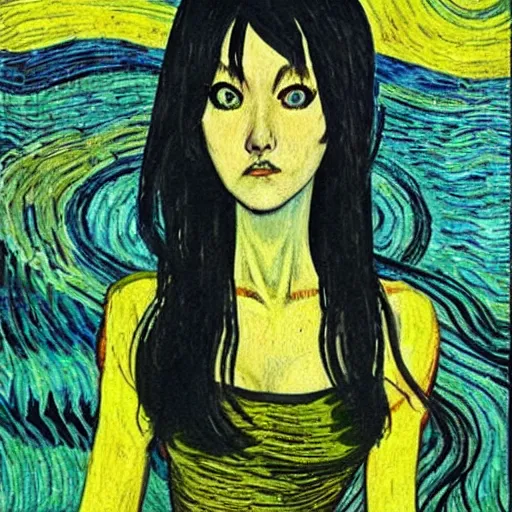 Image similar to tomie originally by junji ito instead in the style of vincent van gogh, oil on canvas