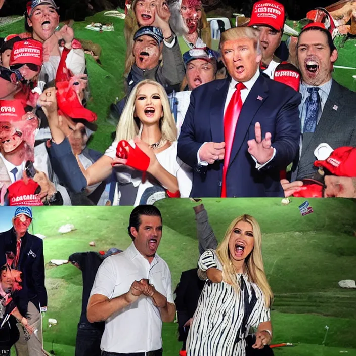Prompt: donald trump jr., and his chainsaw wielding sister zombie ivanka, leads gleeful maga republicans celebrating the explosion of a hole on mini - golf course. professional photography
