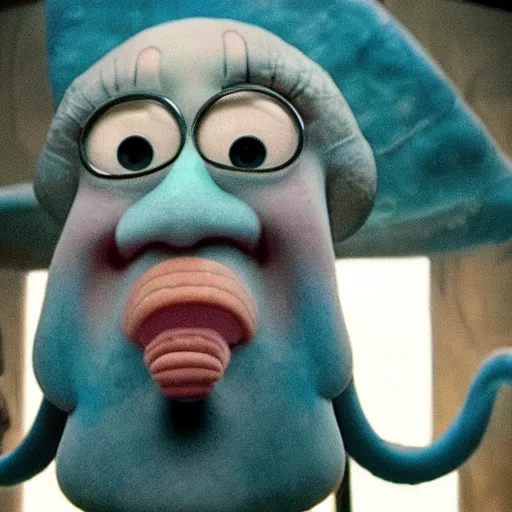 Prompt: A badass photo of squidward walking in a family movie, hyper detailed, award winning photography, perfect faces
