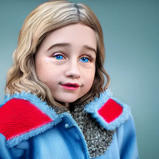 Image similar to a little portuguese girl with white - fair!!!!! skin, dirty blonde hair and blue eyes, wearing a disney land coat and blue jeans, 4 k, 8 k, photorealistic facial features