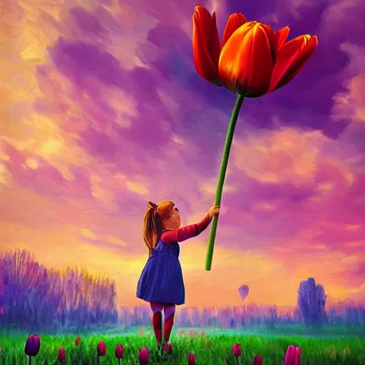 Prompt: dutch girl with singular giant tulip as a face, surreal photography, flower field, sunset dramatic light, impressionist painting, colorful clouds, blue sky, digital painting, artstation, simon stalenhag