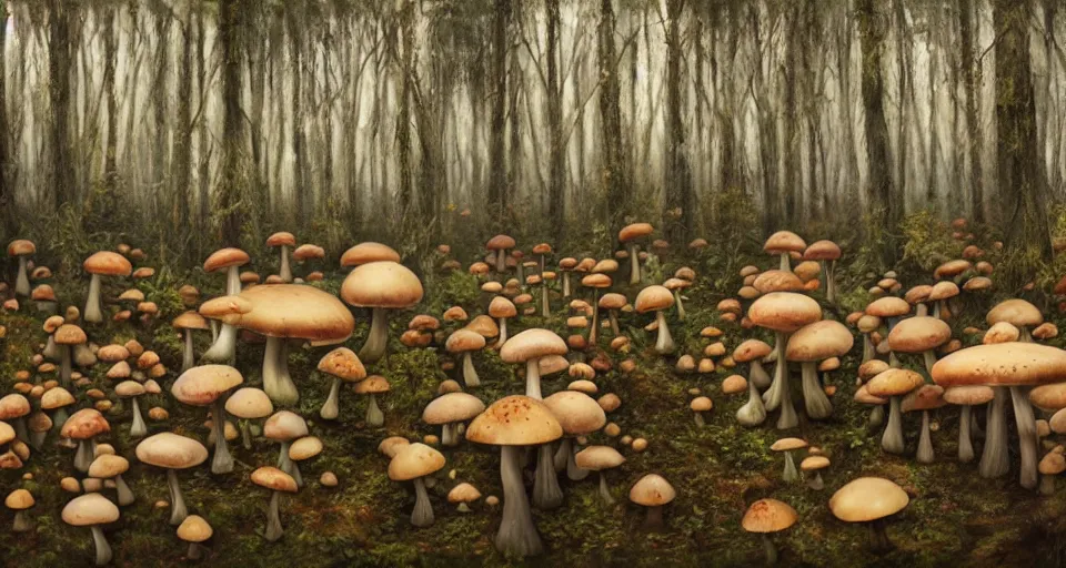 Image similar to A tribal village in a forest of giant mushrooms, by Alyssa Monks