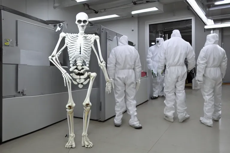 Image similar to man wearing hazmat suit in cleanroom 3D printing a large humanoid robot plastic skeleton. by Roger Deakins