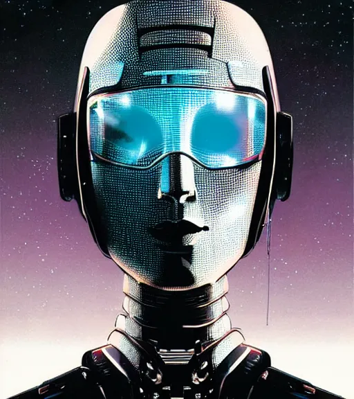 Image similar to robot woman with a projected hologram for a head, techwear, dead space, visible face, Industrial Scifi, detailed illustration, character portrait, by Martin Grip and Moebius