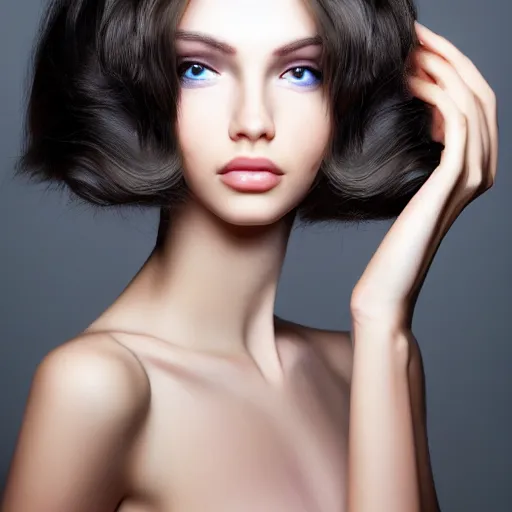 Image similar to very pretty model, highly detailed, sharp focus, realistic, shorter hair