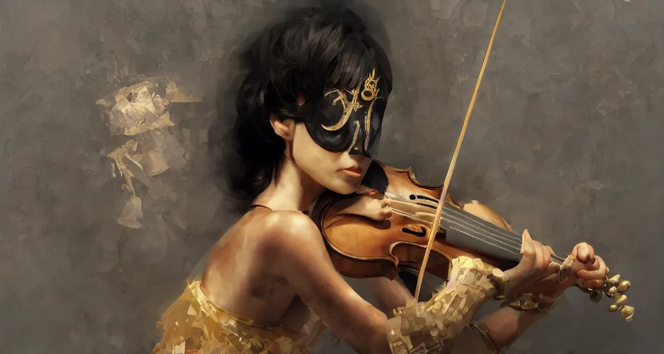 Prompt: craig mullins and ghibli digital art of a masked female play violin on the stage ， exotic costumes, gold jewelry, black hair, realistic shading, cinematic composition, realistic render, octane render, detailed textures, photorealistic, wide shot