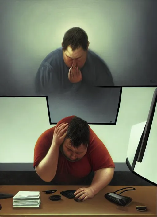 Prompt: insanely detailed chiaroscuro image of a exhausted - looking slightly overweight casually - dressed programmer guy on his knees facing his glowing ultrawide computer monitor monitor begging it for forgiveness, oil on canvas, masterwork, fine detail, trending on artstation, emotive, insanely compelling, ryden, koons, moebius