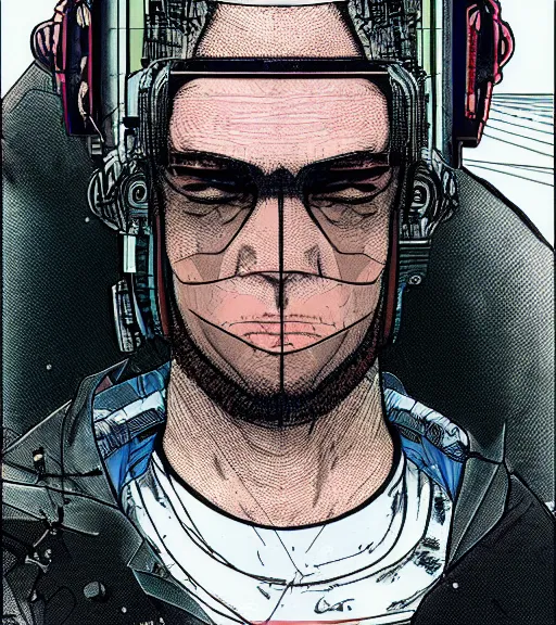 Image similar to a cyberpunk man with multiple digital patchwork faces, techwear, Industrial Scifi, detailed illustration, character portrait, by Martin Grip and Moebius