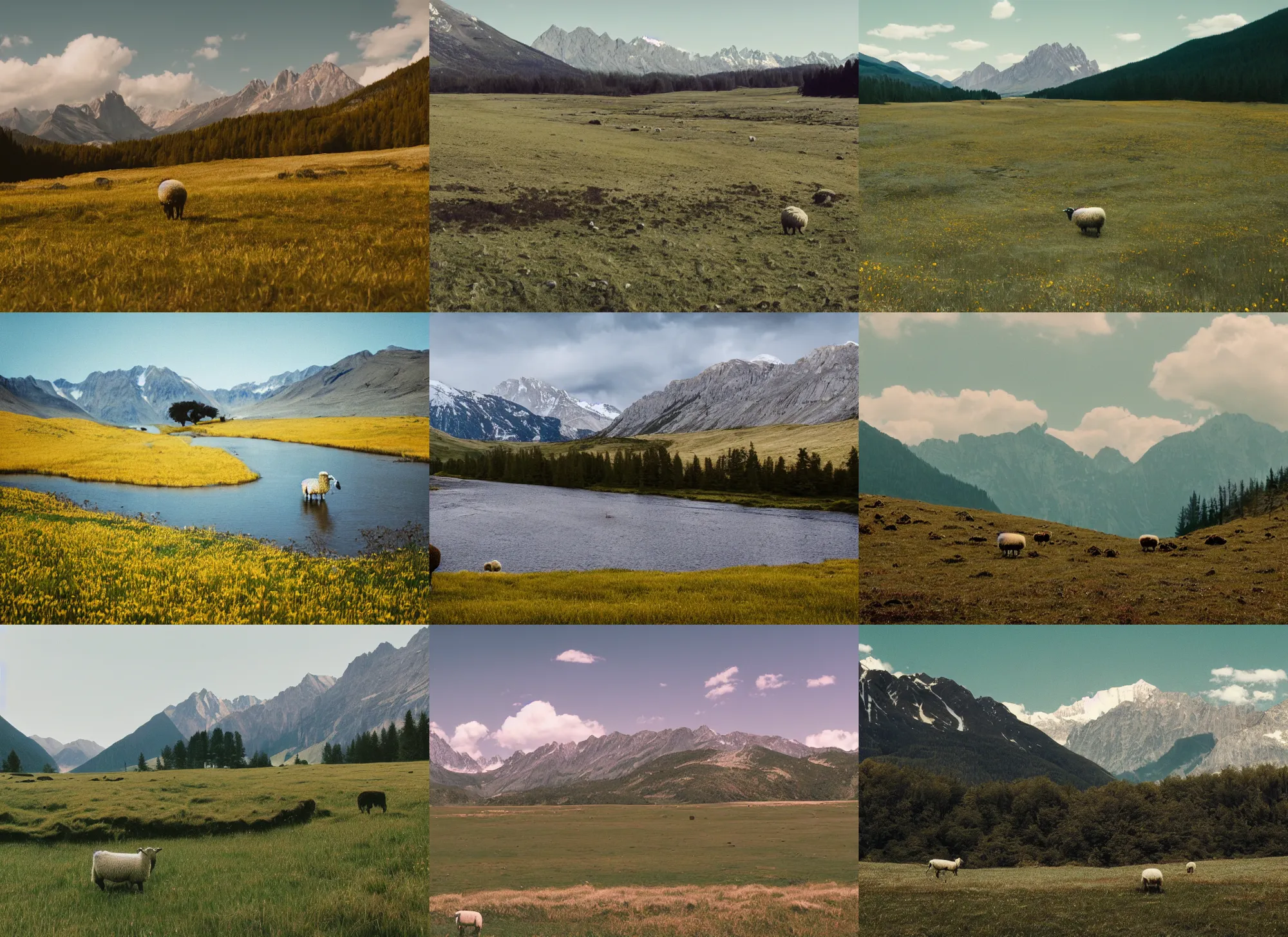 Prompt: still frame from a wes anderson movie of a meadow with a lonely sheep with a river and mountains, 1 6 mm f 1. 4 lens, nikkor, canon, sigma, award - winning landscape photography