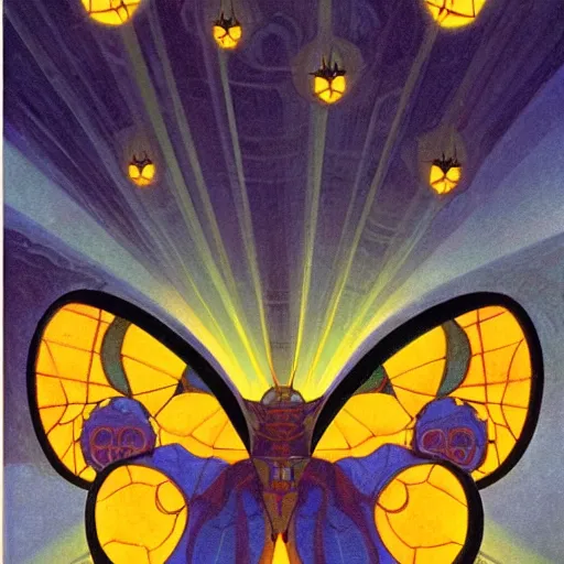 Image similar to the moth kingdom, by leo and diane dillon and nicholas roerich, dramatic lighting, god rays, smooth, sharp focus, highly detailed