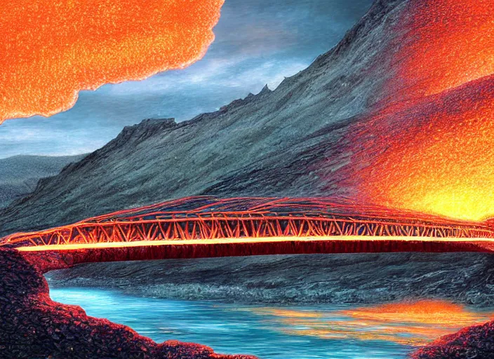 Prompt: An large iron bridge across a river of lava with a mountain range in the distance, digital art, golden hour, very detailed, dramatic